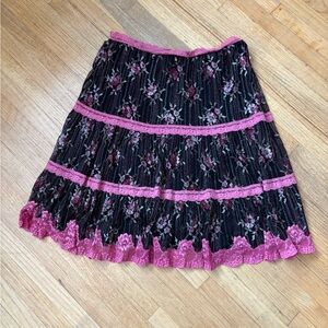 Anna Sui Black and Pink Lace A-Line Skirt